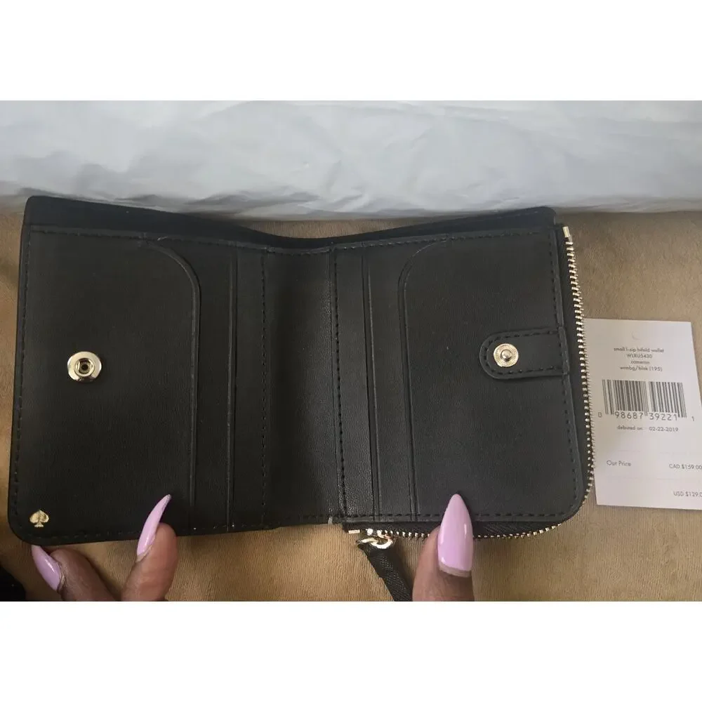NWT KATE SPADE NEW YORK CAMERON WRMBG/BLACK Small L-ZIP BIFOLD WALLET WLRU5430